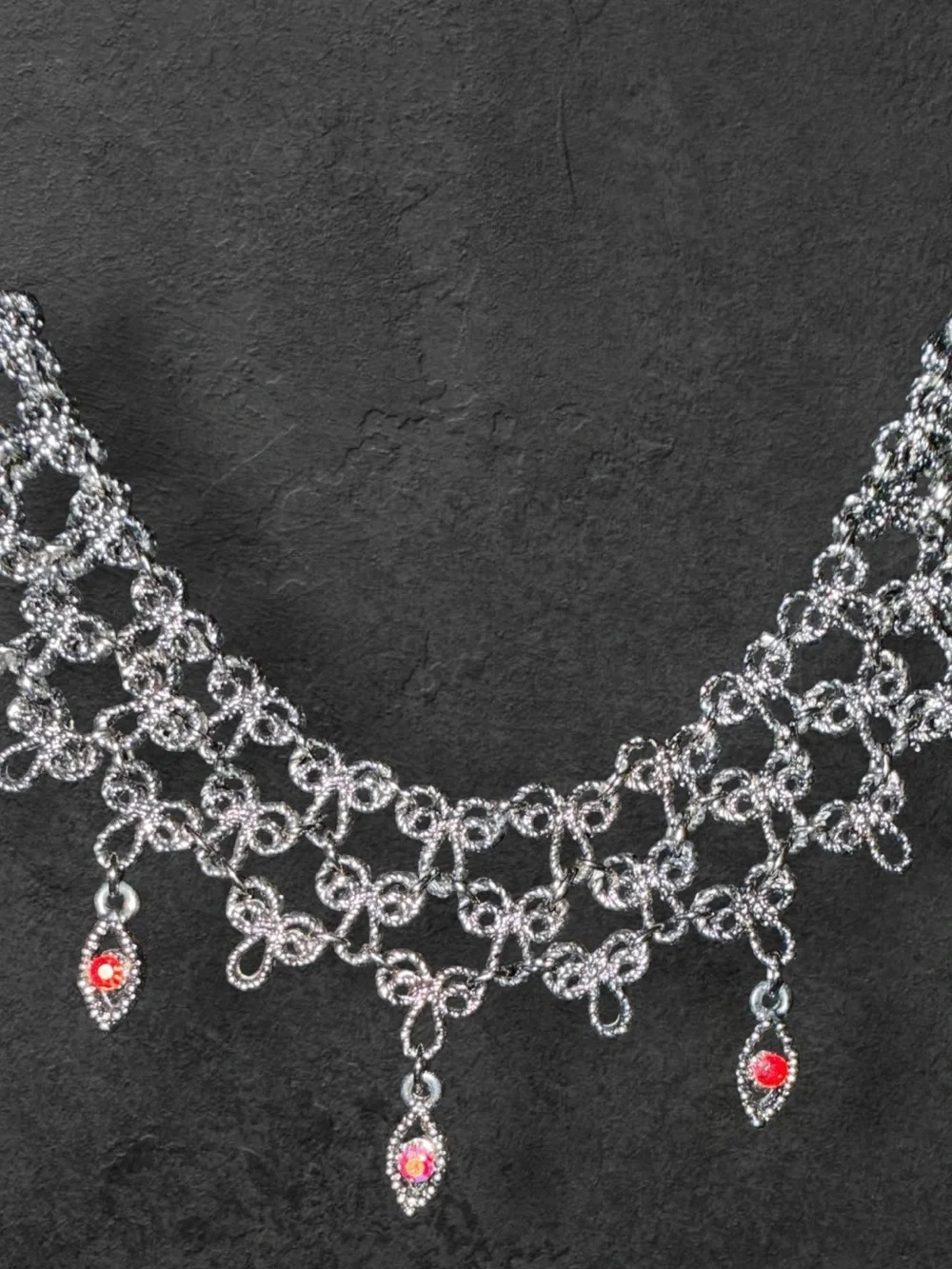 Gunmetal Lace Necklace with Ruby Red Crystal Dangles| Gothic Victorian 16”w/Ext